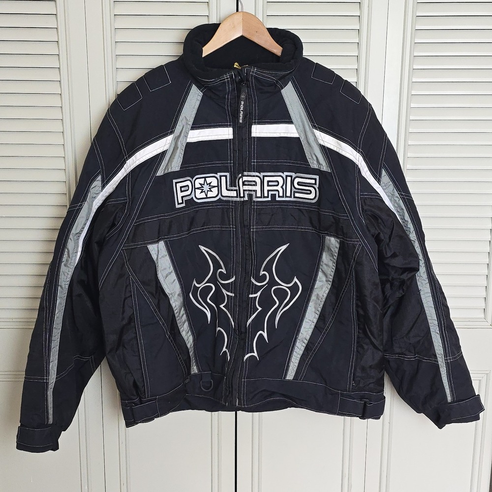 Vintage Polaris Snowmobile Jacket Mens XL Black Pure Polaris Velocity Flames Y2K